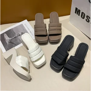OEM & ODM Custom Logo Women Platform Slippers Girl Chunky Heel Sliders High Heeled Plus Size Square Toe Slipper Ladies