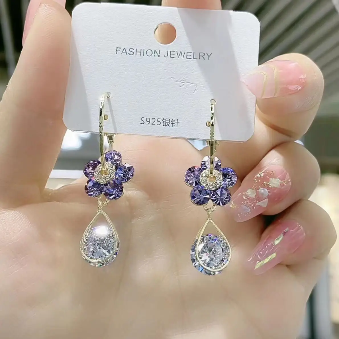 S925 Silver Needle Crystal Flower Earrings Amethyst Diamond Pendant Earring Charm Cubic Zirconia Earring Jewelry
