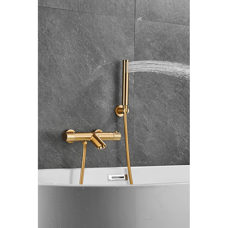 High-quality New Gold Wire Drawing Constant Temperature Shower Hot and Cold Bathtub Spout Faucet Handheld Sprayer