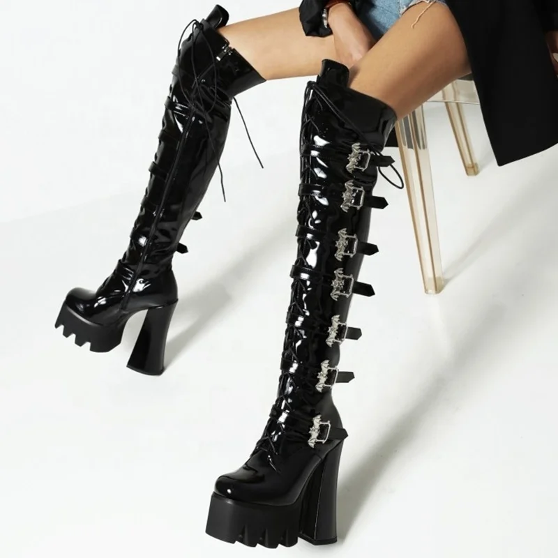 buckle strap heeled boots