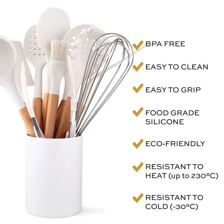 New Arrive 2022 Factory Kitchen Accessories Heat Resistant 11 Pcs Cooking Tools With Wood Handle White Silicone Utensil Set manufacture