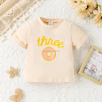 Children'sclothing girls3 years old summerEnglish lettersdonut short-sleeved round neck topfemale treasure parent-child clothing