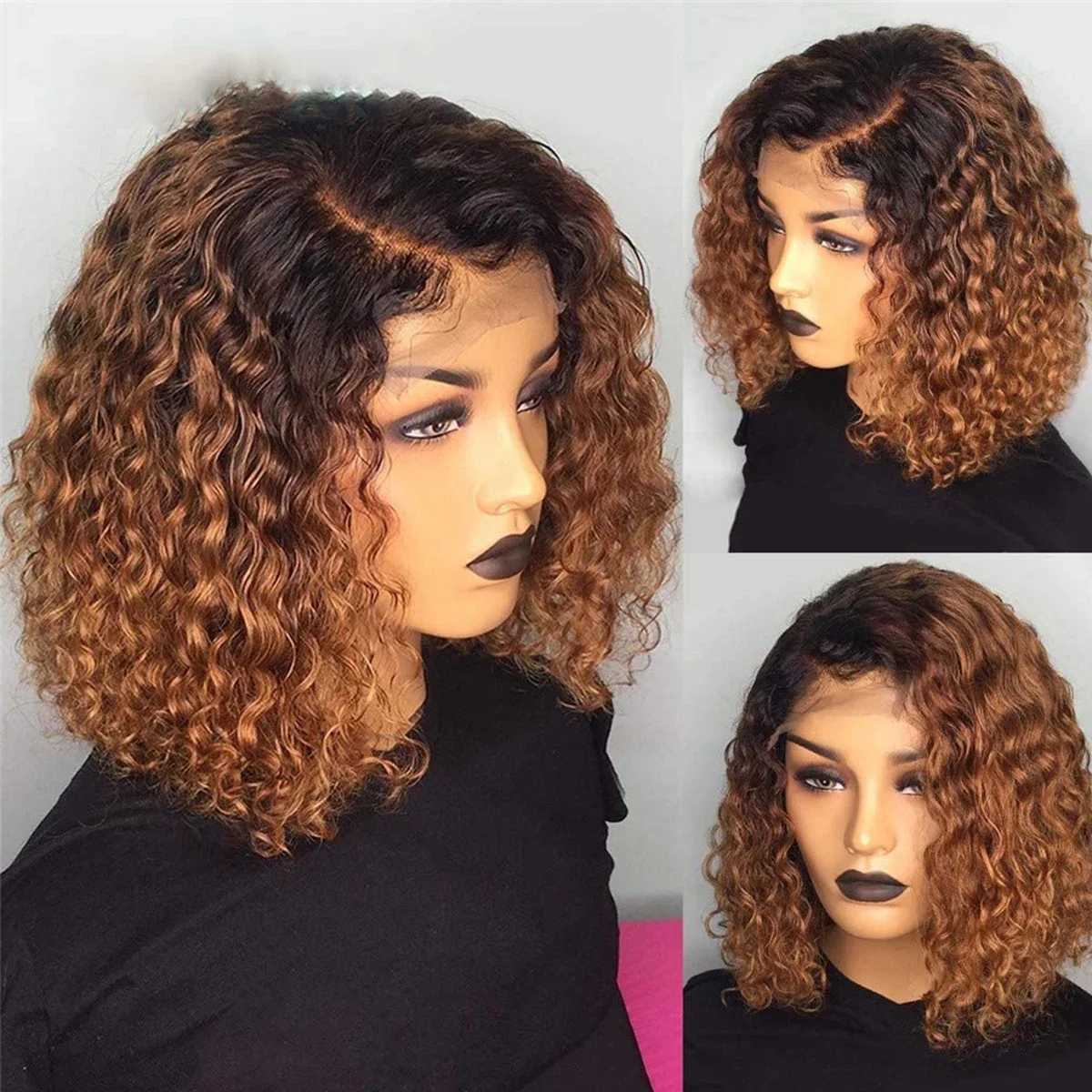 Echthaar Bob Perücke Ombré Deep Wave Mit Lace Front 180 Dichte_voghion.com