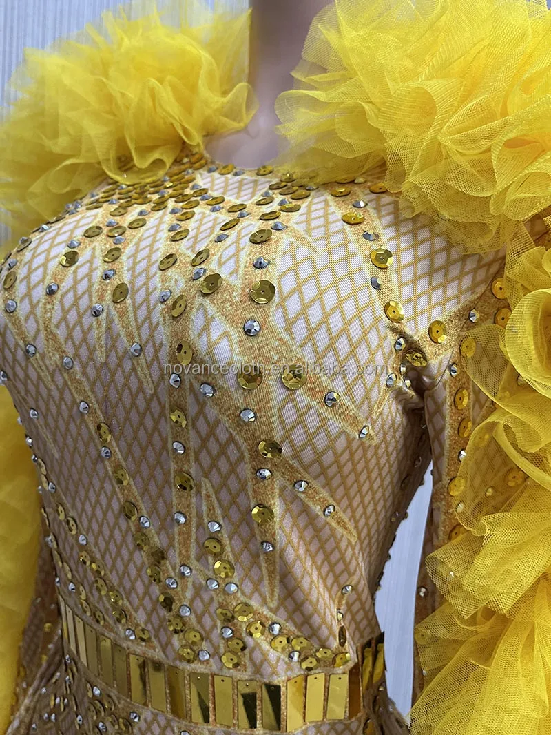NOVANCE Y1936-B Trendy Clothing Bling Sequins Yellow Puff Sleeve Dress  Unique Party Dresses Women Evening Elegance Night Club