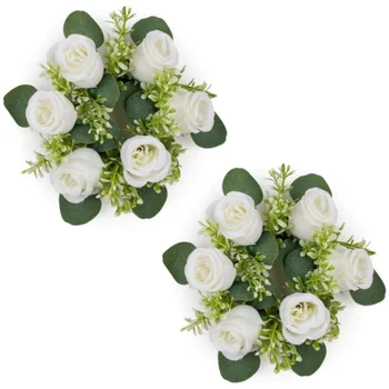 Valentine's Day White Rose Candle Rings Wreaths Artificial Flowers with Green Leaves Table Centerpiece for Wedding Home Party