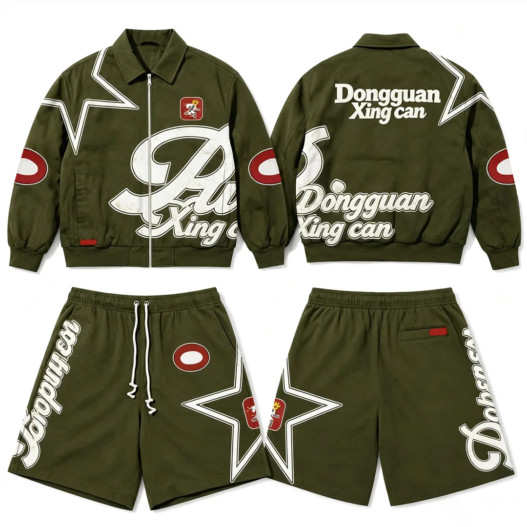 Tilpasset miljøvenlig vintage hoodiet streetwear – to-delset vindtæt tracksuit til herre til efteråret med DTG-digitalt printlogo. Sportstøj – OEM-service