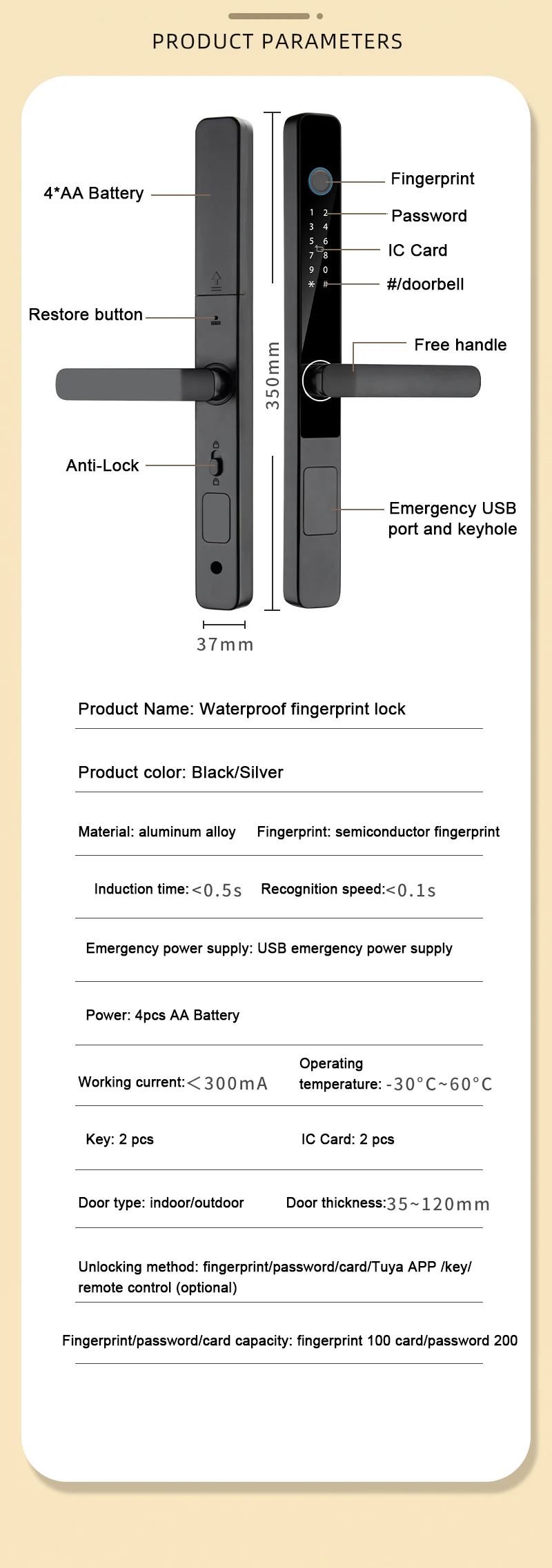 Glomarket Smart Tuya Waterproof Door Lock Sliding Door Fingerprint Password Remote Control Handle Electronic Intelligent Lock