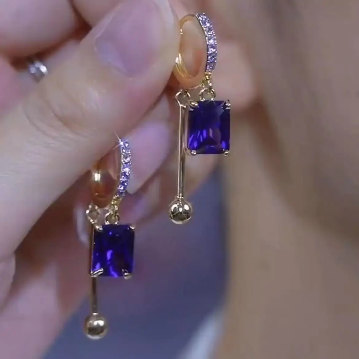AA02164 Sparkling Geometric Drop Earrings for Women Luxury Purple Crystal Tassel Earrings