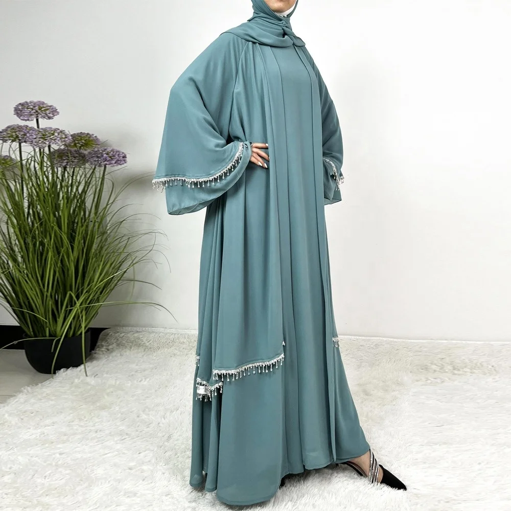 Modest Muslim Elegant Luxury Premium Chiffon Dress Kaftan Set Four Pieces  Suit Double Layers Caftan With Diamond for Women S242
