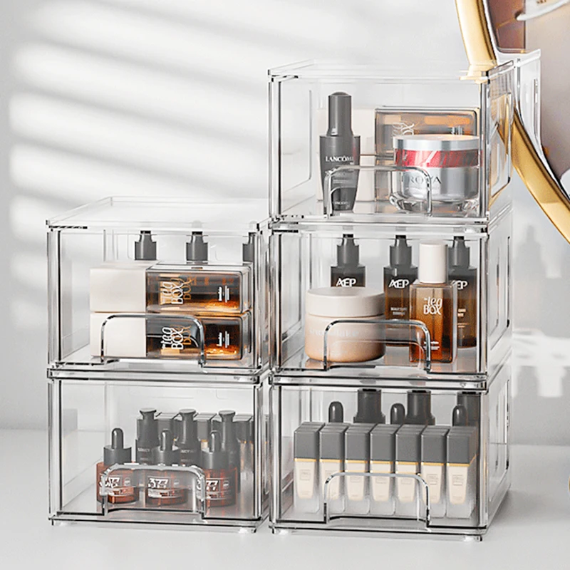 Stackable Bathroom Multifunction Clear Cosmetics Storage Organizer Plastic Drawers for Makeup Skincare
