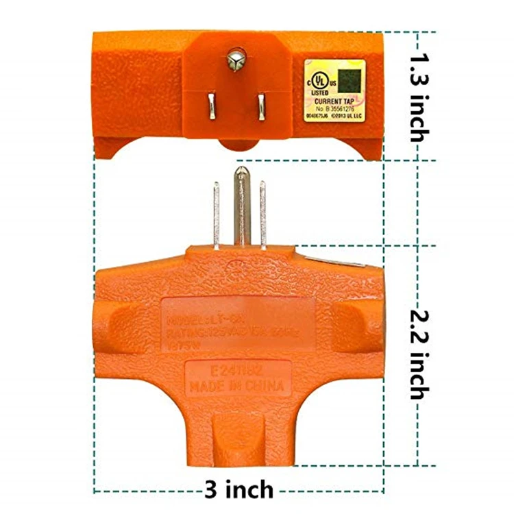3 Way Outlet Tshaped Adapter Power Outlet Extender Grounded Wall Tap