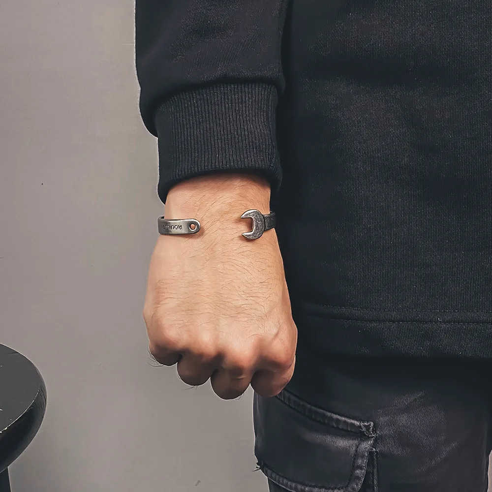 DABAIX Men's Stainless Steel Bracelet - Punk Letter & Locomotive Wrench Cuff Design
