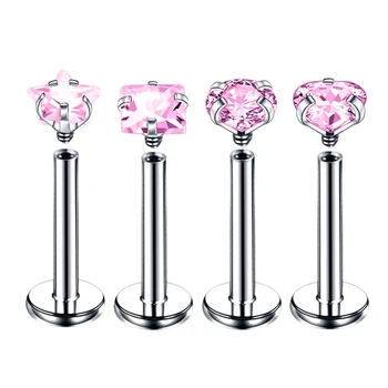 4Pcs/Set Pink Zircon Stainless Steel Labret Ring Piercings Jewelry Heart Star Lip Ring Stud  Ear Tragus Helix Daith Body Jewelry