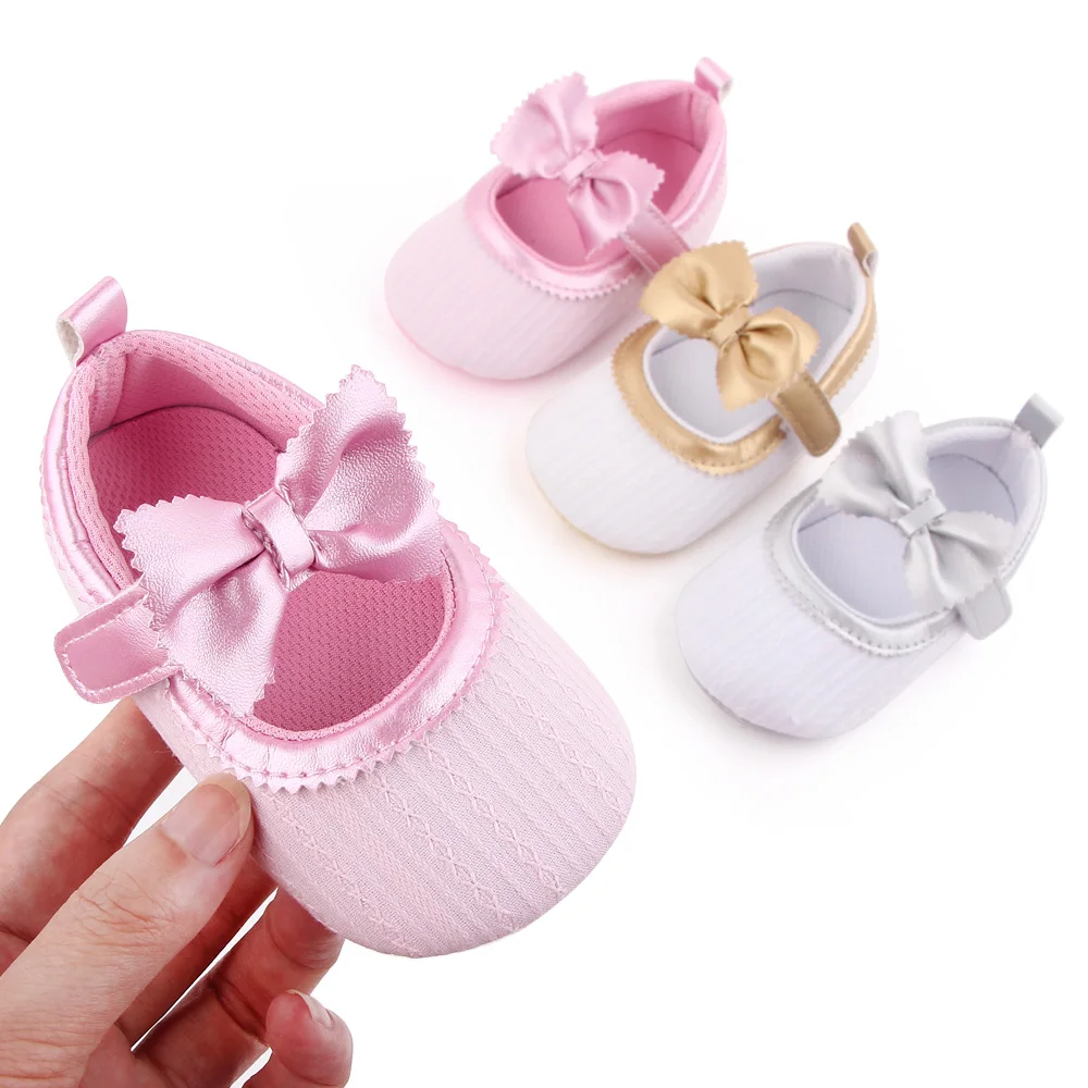 New Solid Color Bow Knit Baby Spring and Autumn Soft Sole Non-slip Princess Walking Shoes
