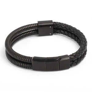 Hot Sales Men Gift Bracelet Custom Logo Stainless Steel Magnet Clasp Bangle Handmade Black Rope Braid Leather Bracelet