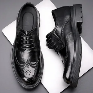 Men's High Sense Business Brock Leather Shoes Genuine Top Layer Cowhide Solid Pattern Lace-Up British Comfortable Dress Shoes