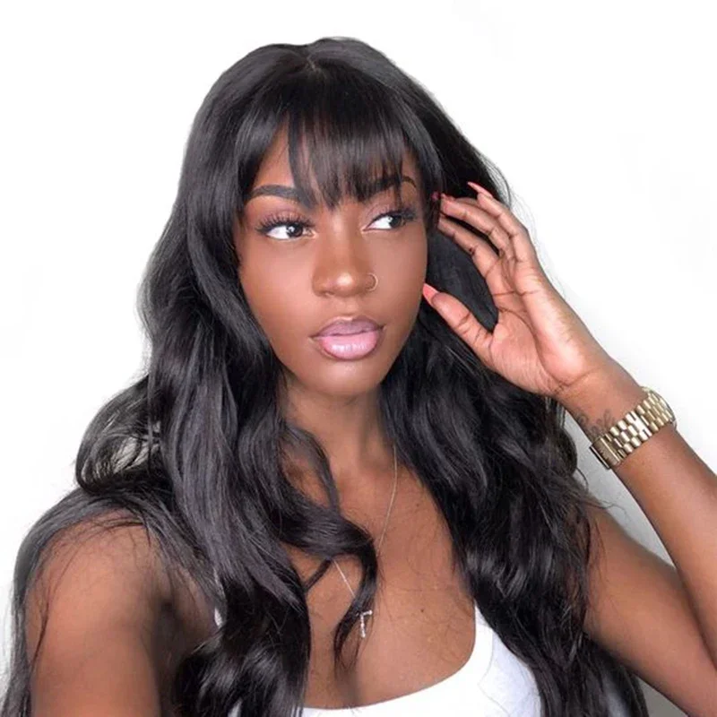 Peluca de cabello humano ondulado de 30 pulgadas con flequillo, estilo bob brasileño de cabello negro con flequillo, encaje 3x1, parte en T, densidad 180._voghion.com