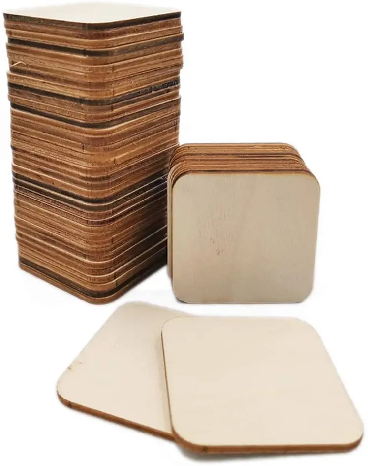50 Étiquettes En Bois Carré 4x4cm - Pour DIY, Mariage, Cartes De Nom - Naturel Et Écologique