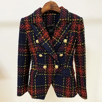 FACTORY WHOLESALE Newest 2022 Designer Jacket Women's Lion Buttons Double Breasted Slim Fitting Plaid Tweed Blazer