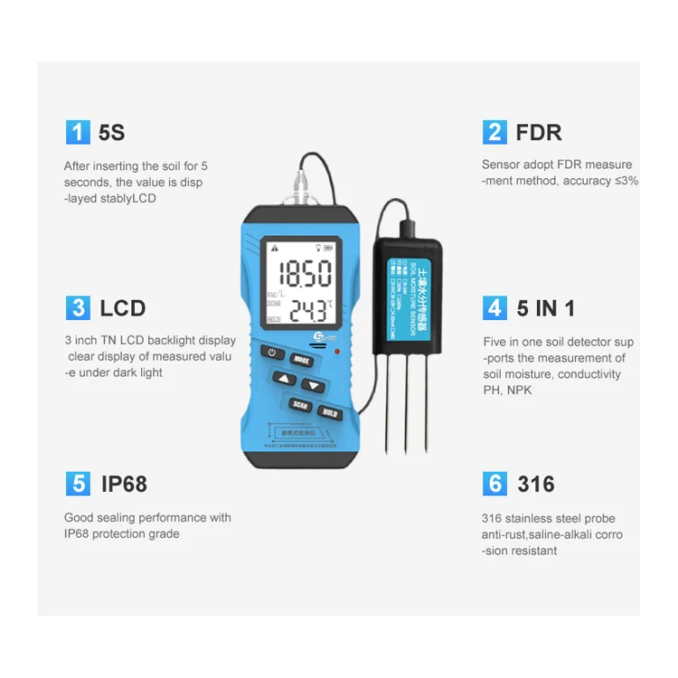 Sentec LCD Display Digital Soil Moisture and Temperature NPK 7 in 1 pH and Ec Probe Sensor for Soil