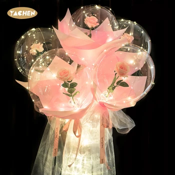 Yachen 18 Inch Clear Transparent Led Light up Bobo Balloon With Rose Flower for Valentines Mothers Day Party Gift Decorations