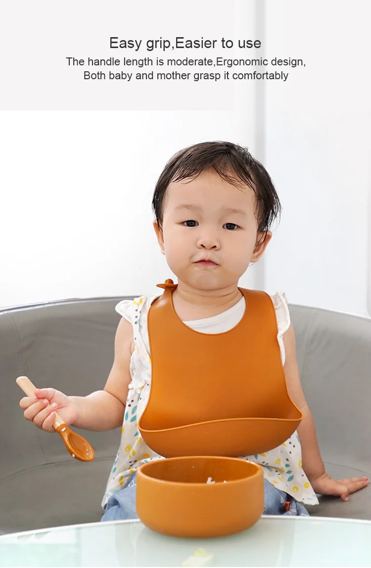 High Quality Infant Training Plate Bib Spoon Set Small Wooden Baby Fork