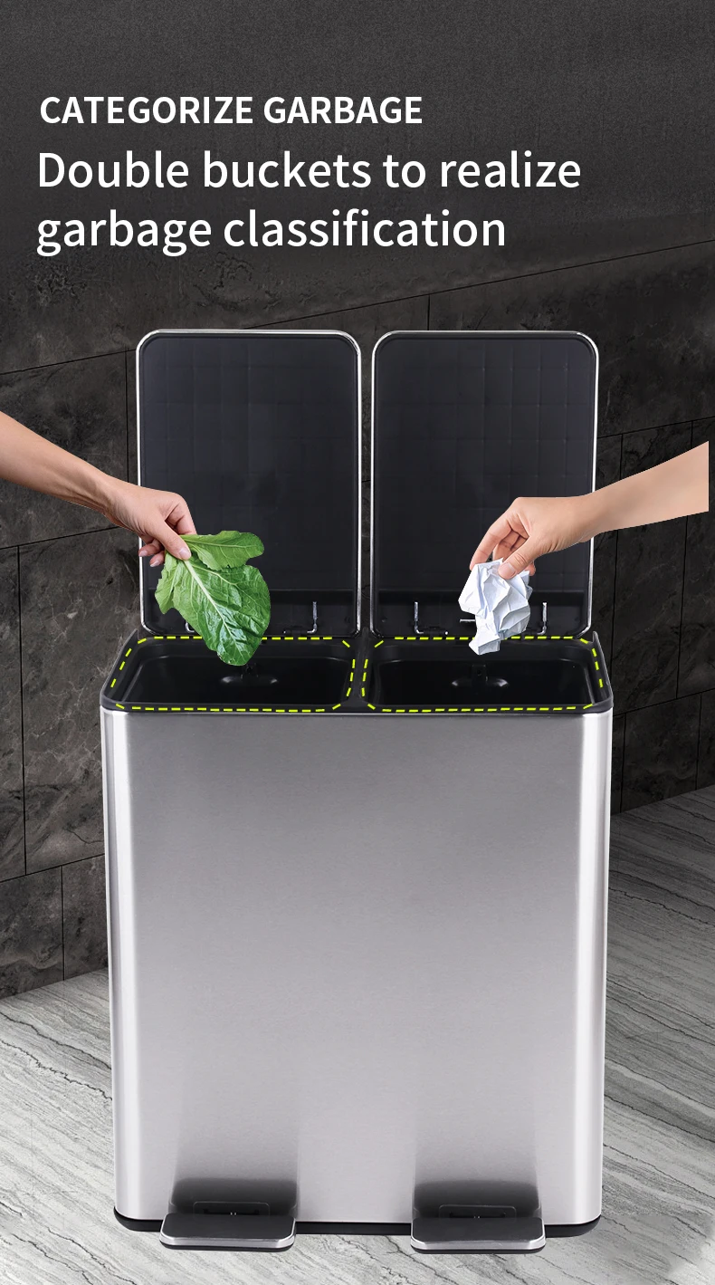Trash Can Stainless Steel Double Compartment Classified Kitchen Trash Can with Plastic Inner Buckets 2 X 30 Liter Dual
