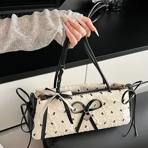 Korean French Bow Ribbon Shoulder Bag Sweet French Stick Underarm Bag Commuting Leisure Armpit Bag Female