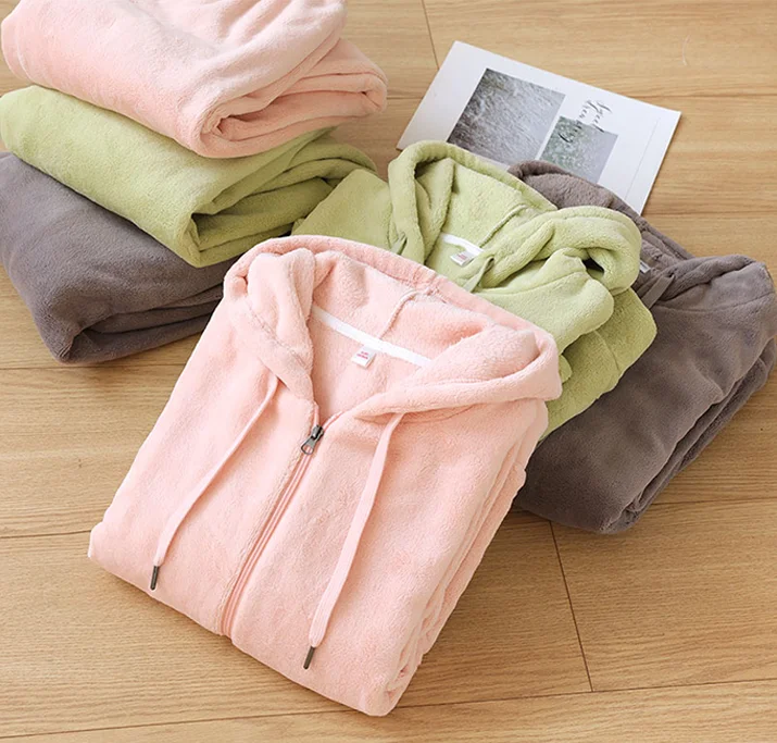 Winter Zip-Up Hoodie and Pants Set Warm Fleece Flannel Pyjamas for Men and Women Sleepwear for Couples