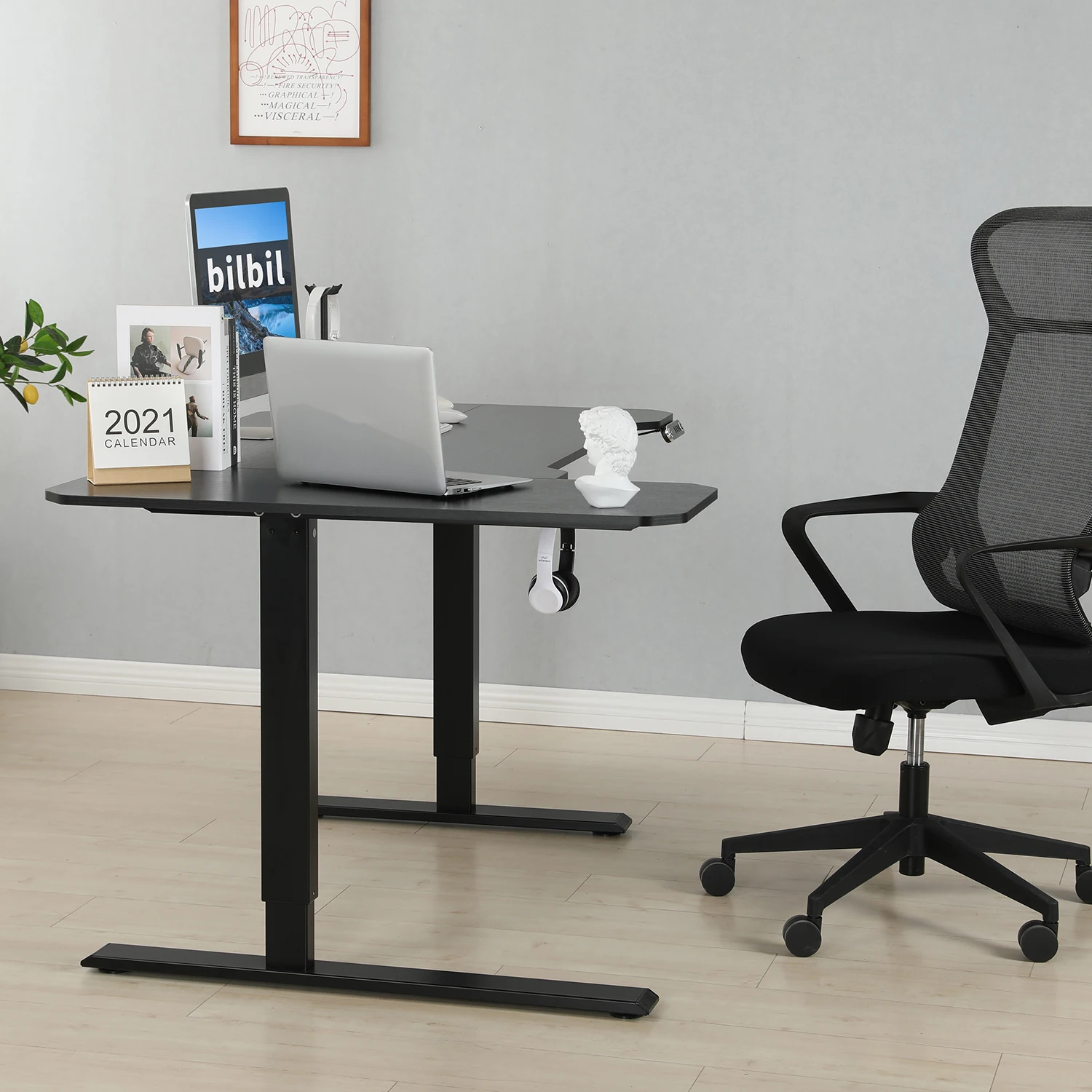 L Shape Desk With Rounded Corner Sit Stand Desk Low Noise Modern Office