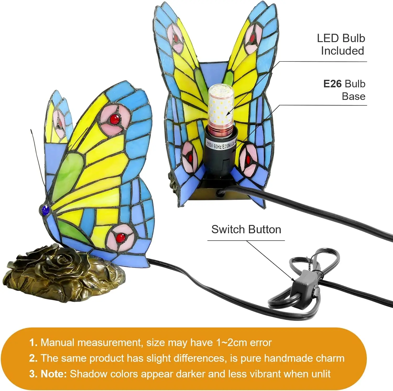 Butterfly Tiffany Style Stained Glass Table Lamp Vintage Table Lamp Night Light LED Bulb Included for Home Room Decor Gift