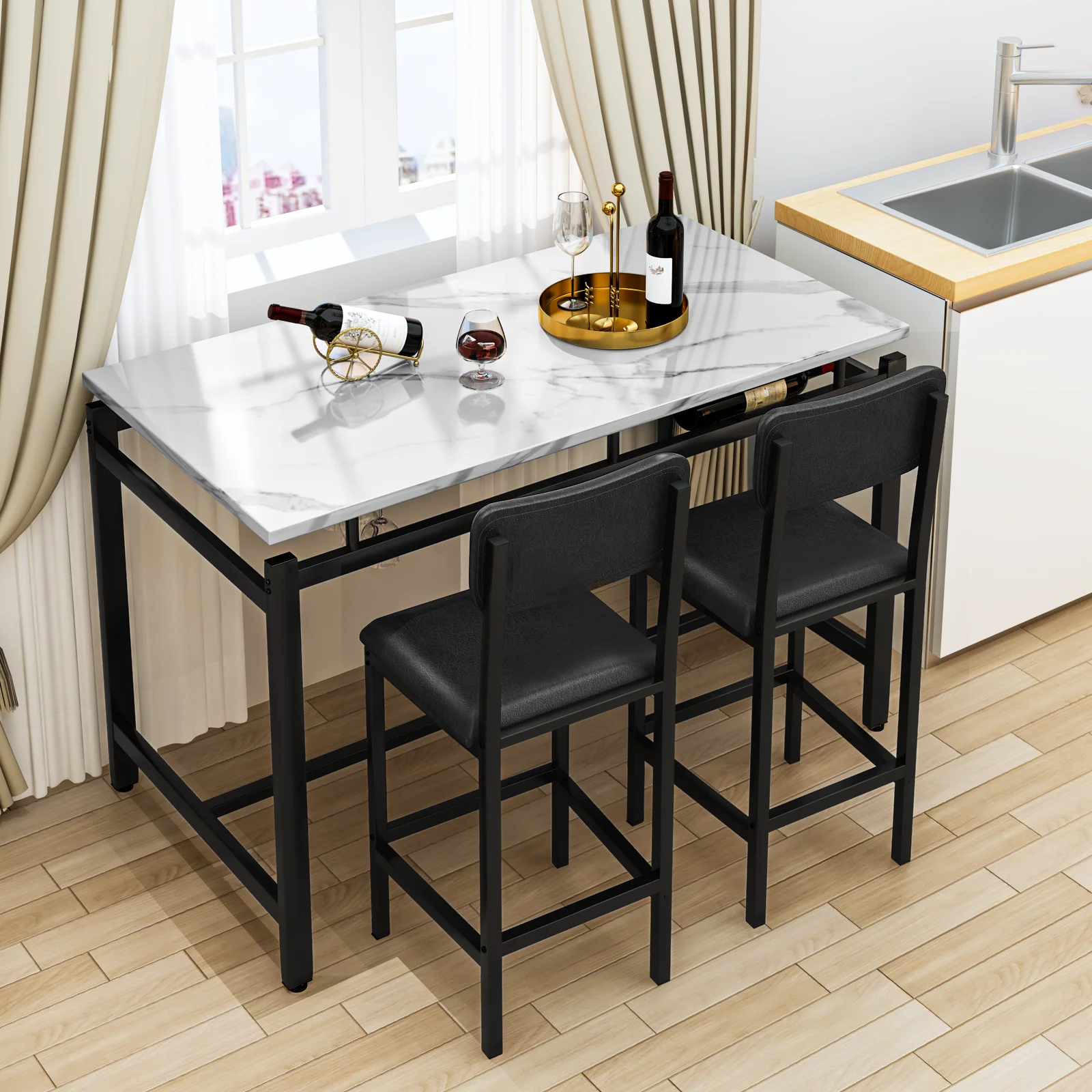 Pcs High Back Marble Table Top Dining Table and Chairs Set for Home  Restaurant Backrest Metal Frame Luxury Bar Table Set