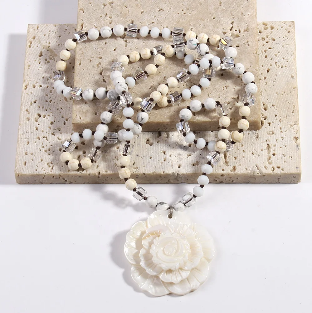 JH Wholesale Fashion Boho Jewelry 6mm Natural Stone Crystal Glass Necklace  Abalone White Shell Layer Flower Pendant Necklace