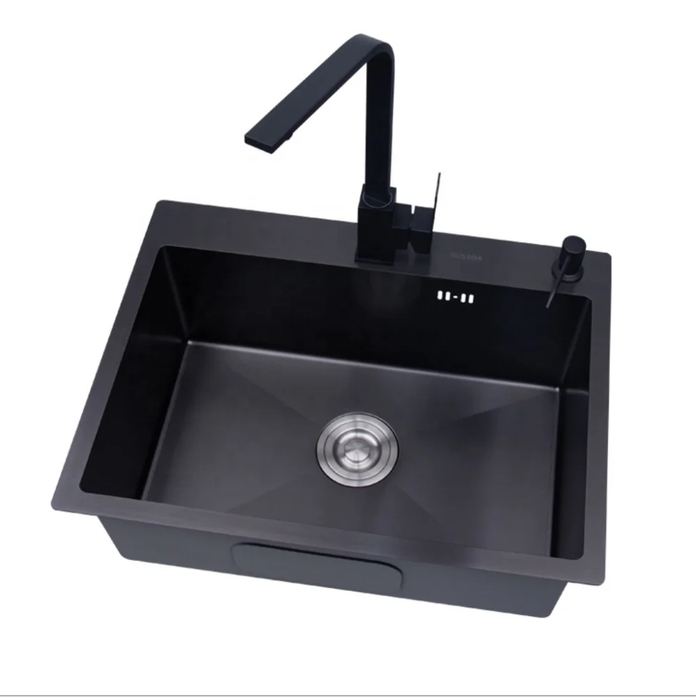 Gudsink 6045 Single Above Counter Farmhouse Sink Nano Sink Black Basin Stainless Steel Handmade Undermount Kitchen Sink Modern