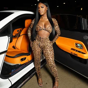 GX9744 Boutique 2026 Spring Lady Street Wear One Piece Women Leopard Hollow Out Long Sleeve Backless Elegant Sexy Jumpsuit