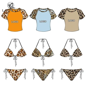 Customized Women's 3-Piece Bikini Sets with Thongs Short Sleeve Tops Spandex/Nylon Material ODM Service