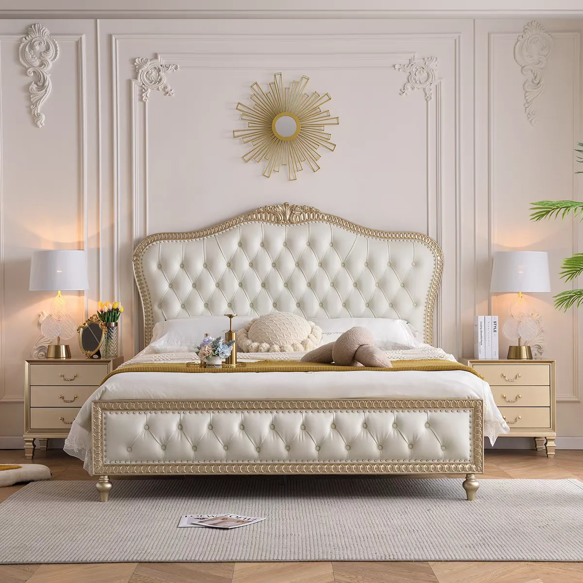 JINS Luxury Chesterfield Bed Frame Solid Wood Leather