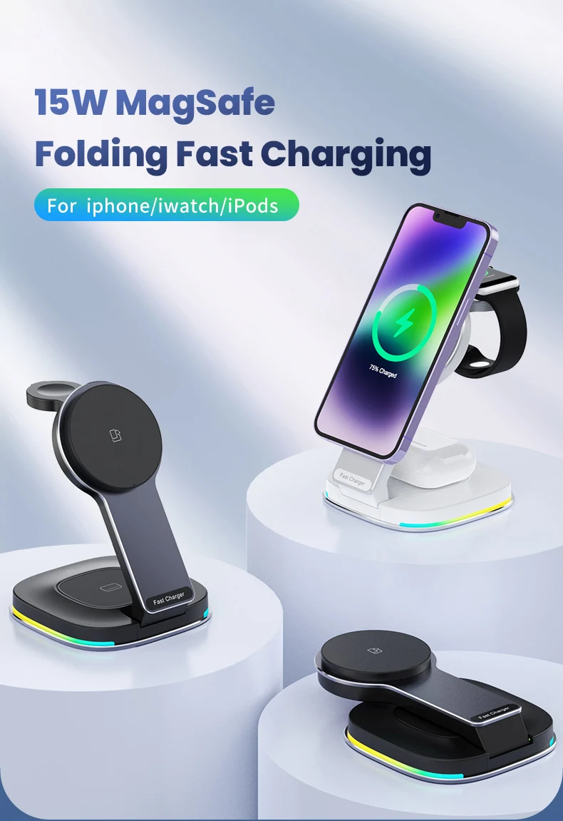15w Mobile Phone Fast Wireless Charger Foldable Charging Dock 3 In 1