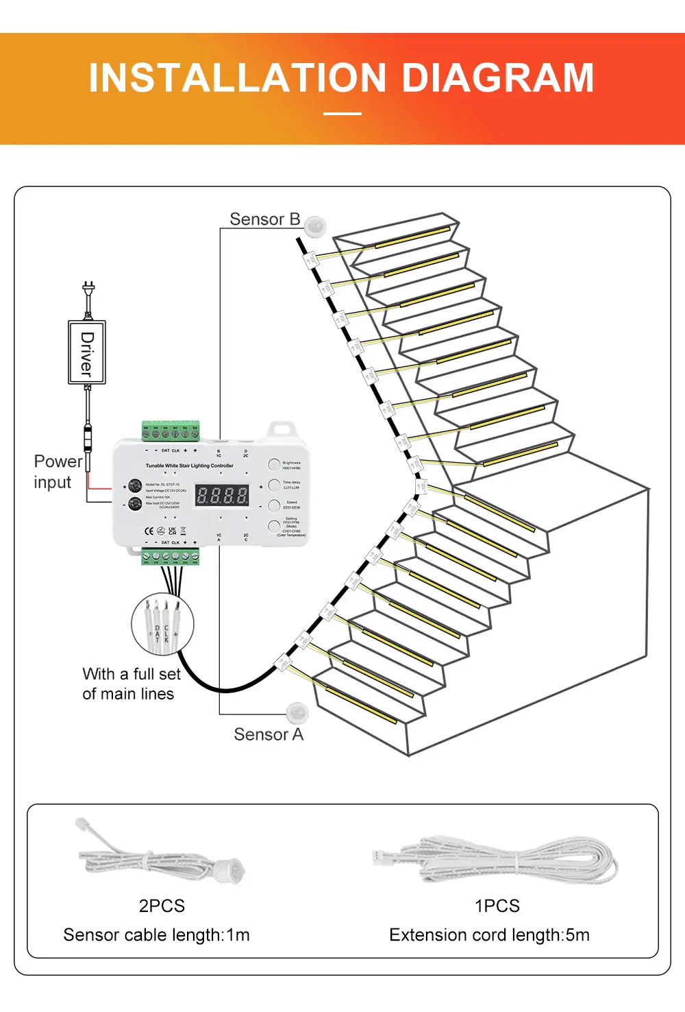 CCT Adjustable Stair Lighting Controller for LED Step Lights - DC12V ...