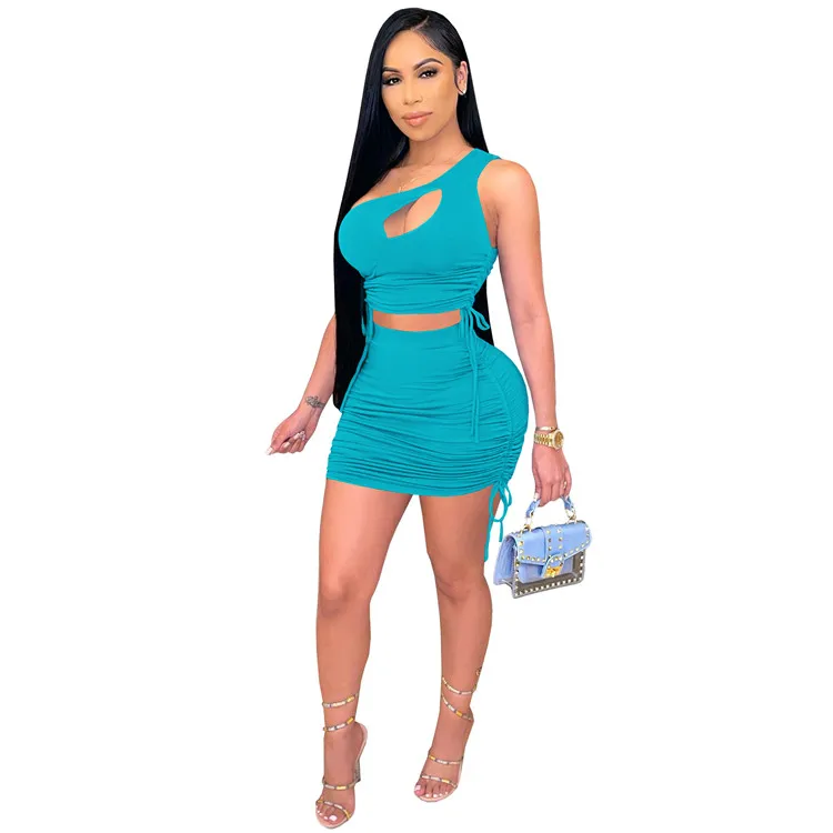 Sexy Ladies Street Outfits One Shoulder Tops Stacked Skirt Summer Women Two Piece Set