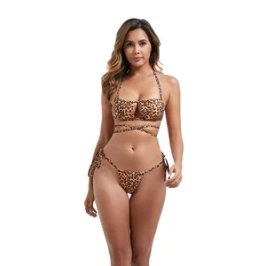 Custom High Quality Leopard Printed Two Piece Lace up Seamless Swimwear for Swimming