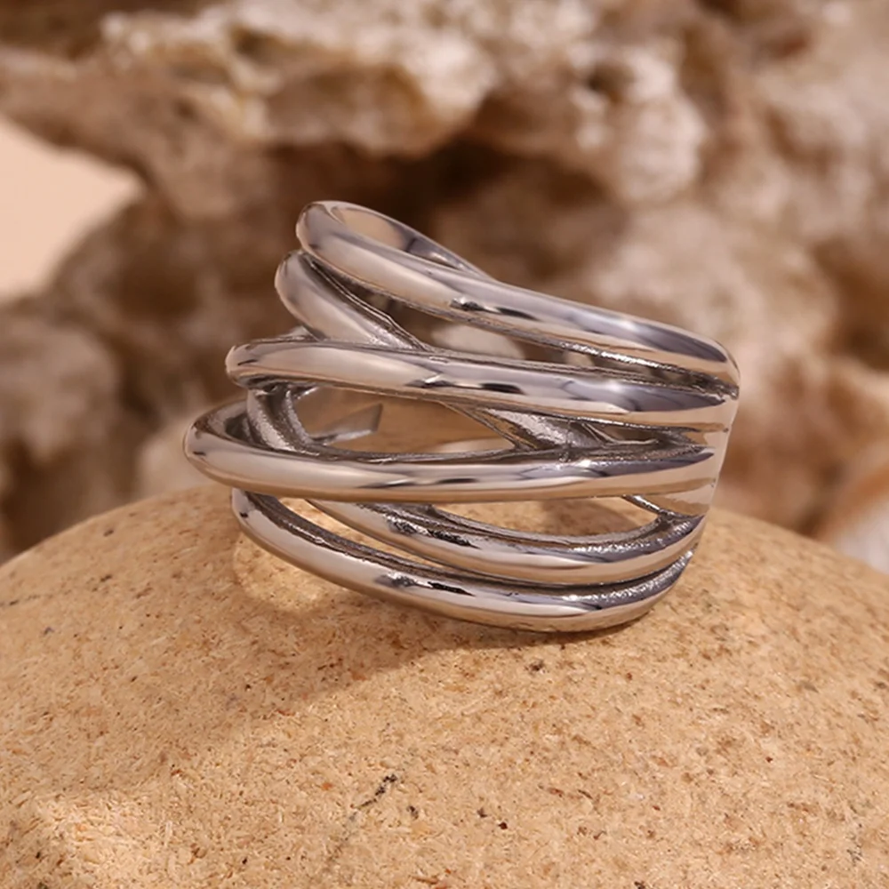 Summer 2024 Irregular Woven Signet Ring 18k Gold Plated Statement Jewelry Stainless Steel Titanium Jewelry