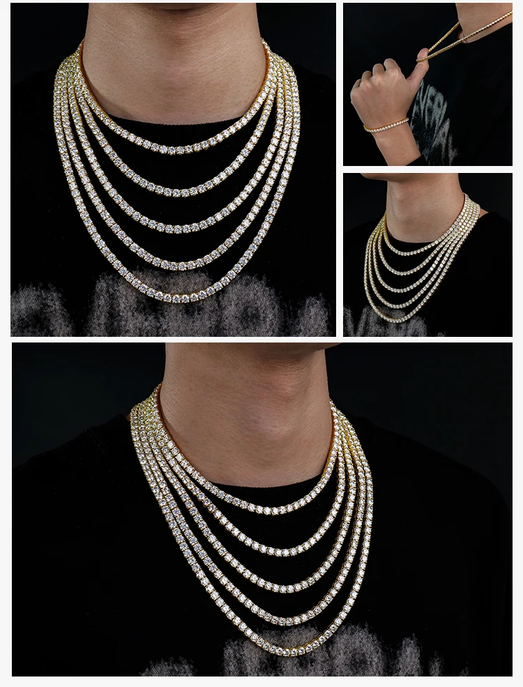 wholesale jewelry men women 5mm gold plated 925 sterling silver diamond mossanite moissanite iced out tennis necklace chain