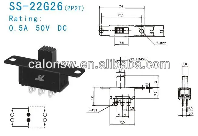 SS-22G26 2-Position 6-Pin 2P2T Slide Switches 2-Way On/Off Switch With 0.5A 50VDC  Max Voltage KC Certified