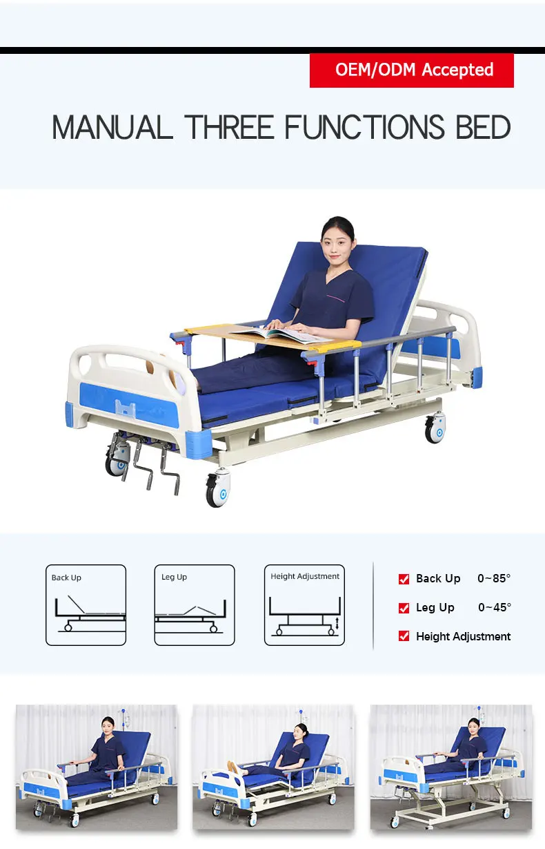 Adjustable Height 3 Crank Manual Medical Hospital Bed for Patients Factory Direct Price