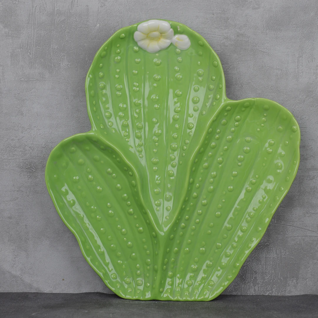 Ceramic Pottery Dolomite Craft Green Cactus Chip And Dip Serving Dish