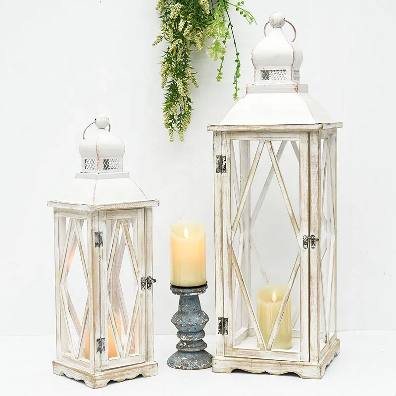 Farmhouse Tall Vintage Decorative Wood Candle Holders Wash White Floor Candle Lanterns Rustic