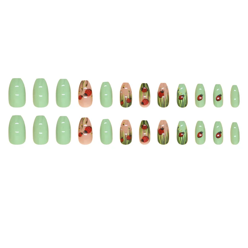 Ms.Miemie 24-Piece Ladybug and Cartoon Grass Nail Patch Solid Color Detachable ABS French Fake Nails for Finger Application