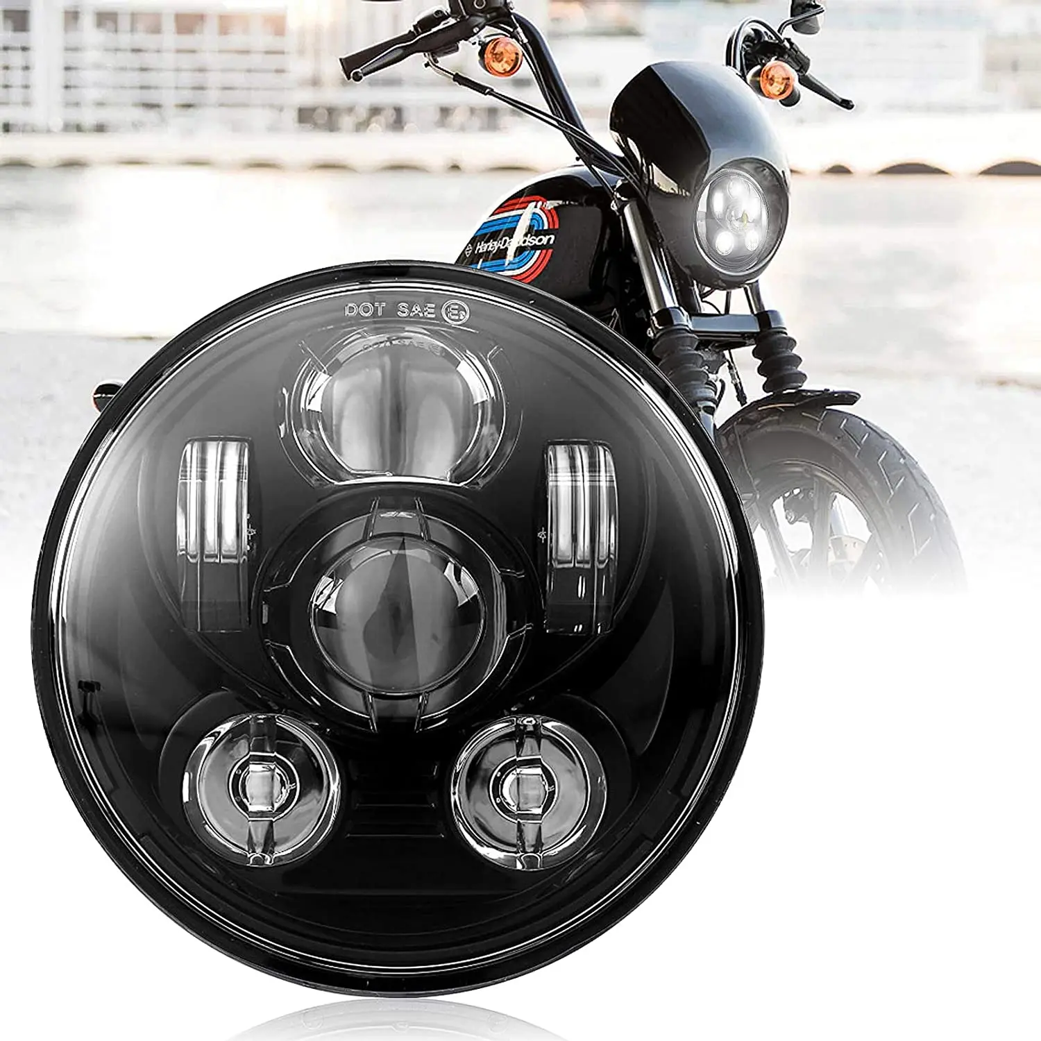 Black 1PCS 5.75 Inch Led Headlight 80W DOT Approved for Harley 5-3/4 Inch Round Headlight with DRL Low Beam and High Beam for Harley Dyna Sportster Iron 883 Street Rod Softail Motorcycle 