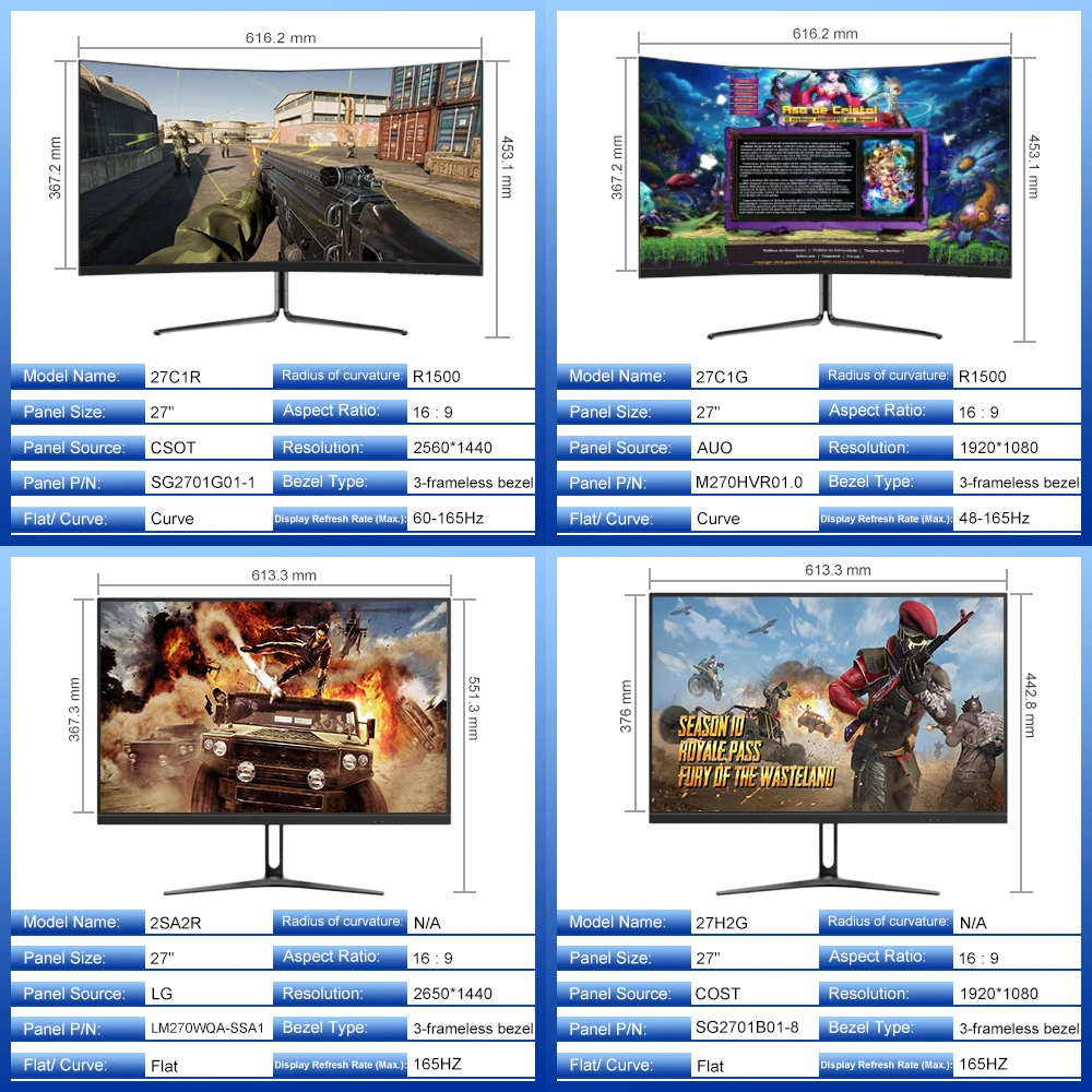 27/24 Inch Curved Gaming Monitor 2K 165hz IPS/VA High Refresh Rate